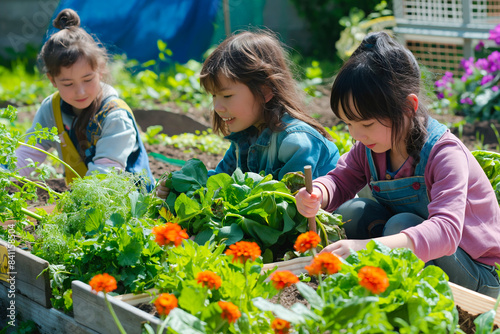 Kids at a community garden, tending to their plants and flowers with enthusiasm. Planting, and enjoying their labor as their garden flourishes