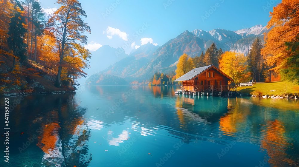 Fototapeta premium Beautiful autumn scene of Hintersee lake. Colorful morning view of Bavarian Alps on the Austrian border, Germany, Europe. Beauty of nature concept background