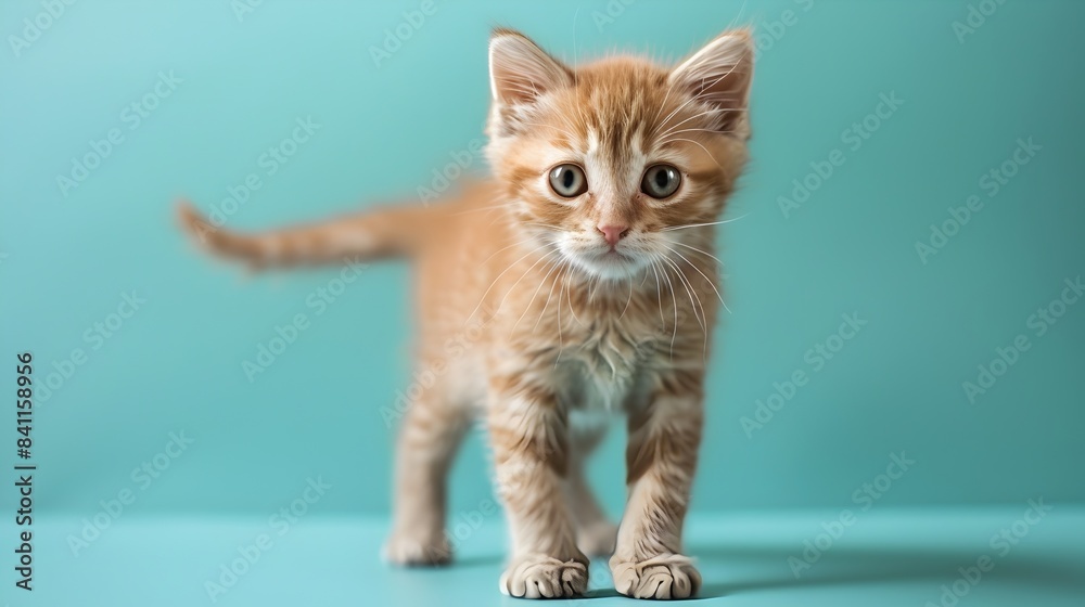 Naklejka premium Adorable American Curl Kitten Standing on Mint Colored Pastel Background