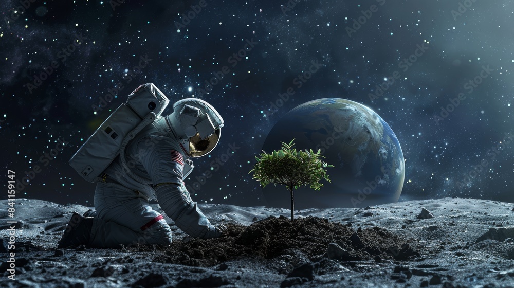 Obraz premium An astronaut planting a small tree on a barren moon-like surface, with Earth and distant stars visible in the background, capturing the moment of hope and growth