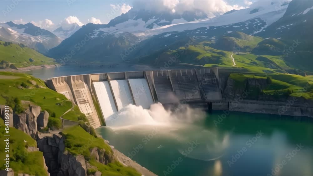 Generating Renewable Energy: Aerial View of Swiss Mountain Hydroelectric Dam in Summer. Concept Renewable Energy, Aerial Photography, Swiss Mountain, Hydroelectric Dam, Summer Generating Renewable Energy: Aerial View of Swiss Mountain Hydroelectric Dam in Summer. Concept Renewable Energy, Aerial Photography, Swiss Mountain, Hydroelectric Dam, Summer