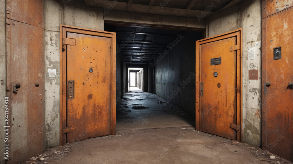 Abandoned War Bunker: Rusty Steel Doors and Empty Hallways, Generative AI Abandoned War Bunker: Rusty Steel Doors and Empty Hallways, Generative AI