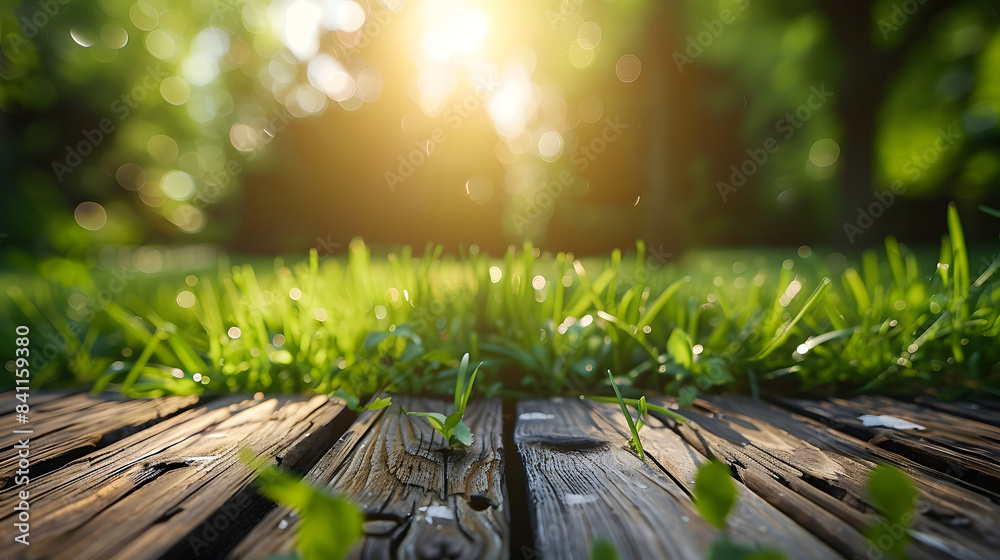 beautiful natural background with flooring from old wooden boards and young green juicy grass in the sun with beautiful bokeh beautiful natural background with flooring from old wooden boards and young green juicy grass in the sun with beautiful bokeh