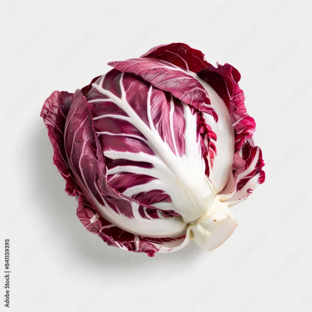 Obraz premium A single head of red radicchio sits on a white background. The radicchio is a bright red with white veins and has a slightly ruffled texture