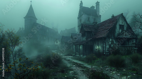  A spooky, deserted village with fog rolling through the streets.