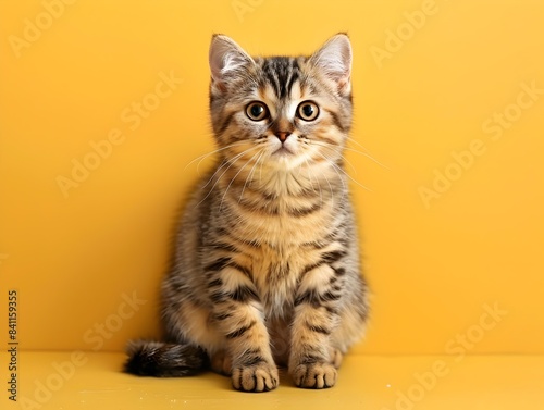 Adorable Scottish Fold Kitten Sitting on a Pastel Yellow Background
