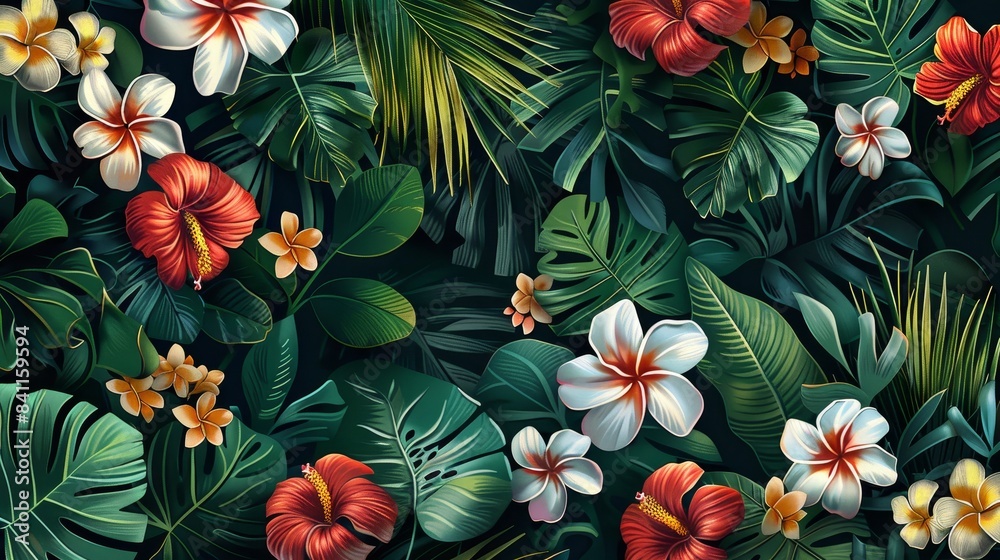 An artistic seamless pattern of tropical foliage, featuring detailed palm fronds, vibrant plumeria, and rich, lush colors for fashion and wallpaper An artistic seamless pattern of tropical foliage, featuring detailed palm fronds, vibrant plumeria, and rich, lush colors for fashion and wallpaper