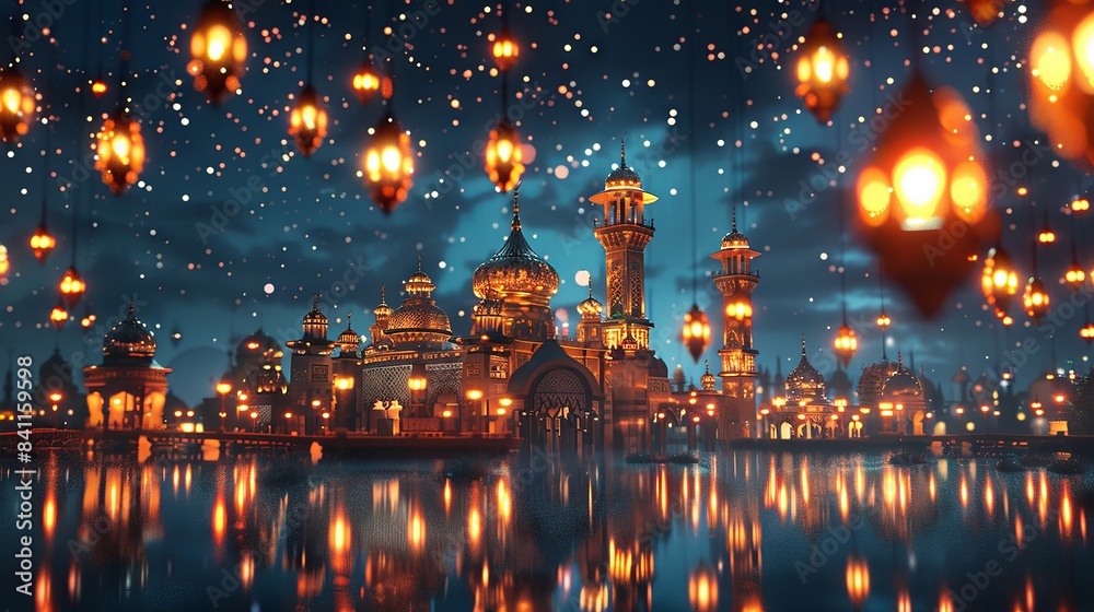 Obraz premium Stunning night view of a mosque with floating lanterns