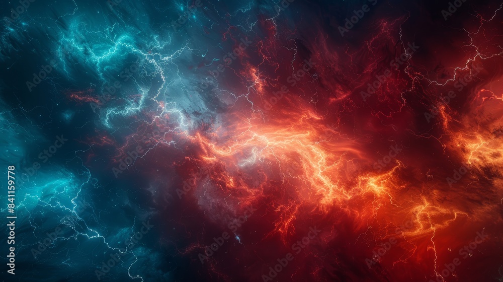 Abstract stormy night, electric energy filling the blue-red sky with dramatic lightning, showcasing nature's fierce power Abstract stormy night, electric energy filling the blue-red sky with dramatic lightning, showcasing nature's fierce power
