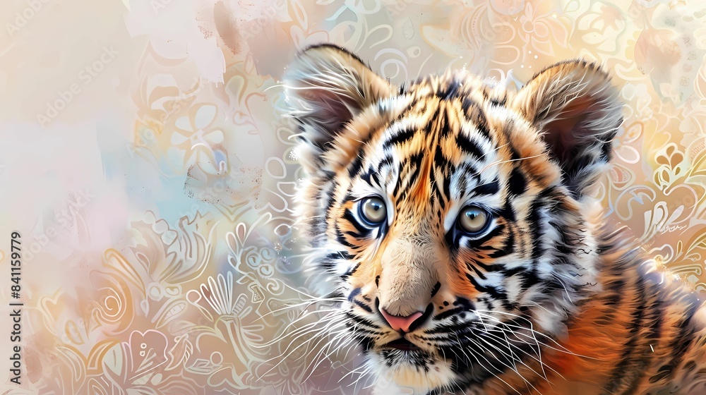 Naklejka premium Capture a close-up of a playful tiger cub with soft fur and bright eyes, set against a cute, patterned background