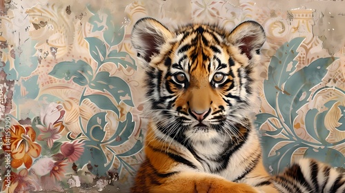 Capture a close-up of a playful tiger cub with soft fur and bright eyes, set against a cute, patterned background
