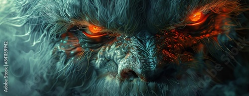 Frontal view of a shaggy monster with vibrant red eyes, photorealistic closeup, intricate fur details, high contrast lighting, digital painting photo