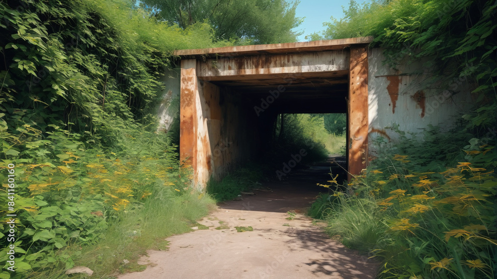 Decaying Shelter: Rusty Bunker Entrances and Overgrown Paths, Generative AI Decaying Shelter: Rusty Bunker Entrances and Overgrown Paths, Generative AI