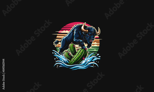 buffalo with cactus vector illustration flat design