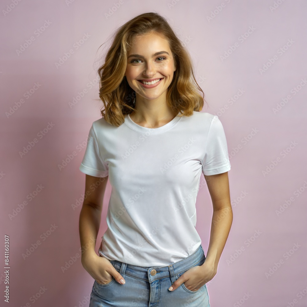 Smiling woman in white t-shirt and jeans against a pink background Smiling woman in white t-shirt and jeans against a pink background