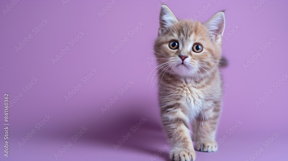 A Cute Scottish Fold Kitten Standing on a Lavender Background