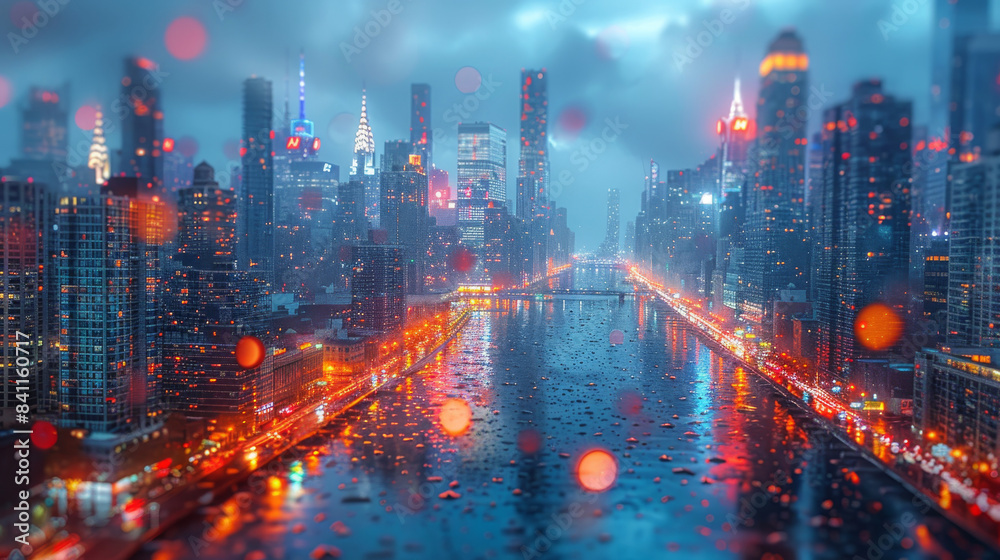 Rain-Soaked Cityscape With Bokeh Lights And Reflections Over River