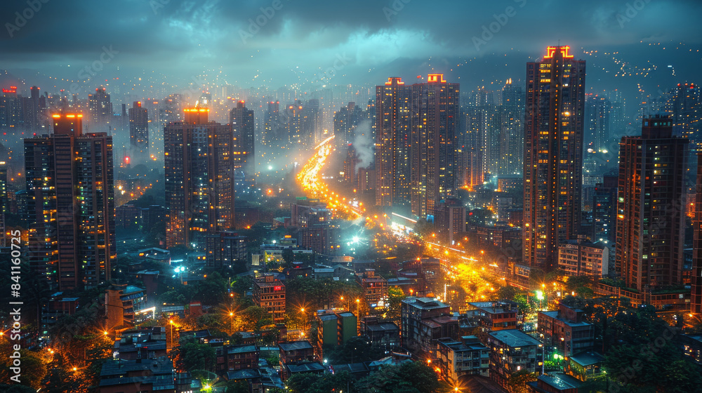 Nighttime View of a Modern City With Fog and Streetlights