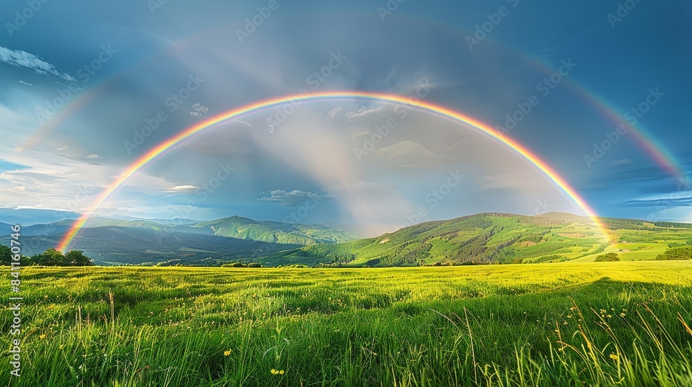 Obraz premium Beautiful double rainbow over a scenic landscape