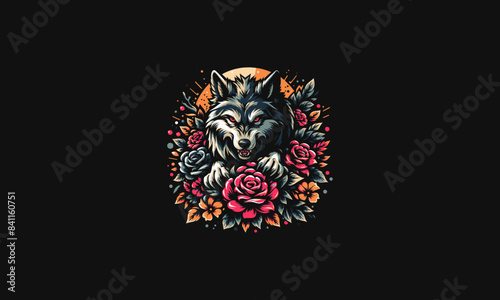 wolf with flowers vector illustration tattoo design