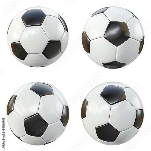Four white and black soccer balls are displayed individually against a plain white background
