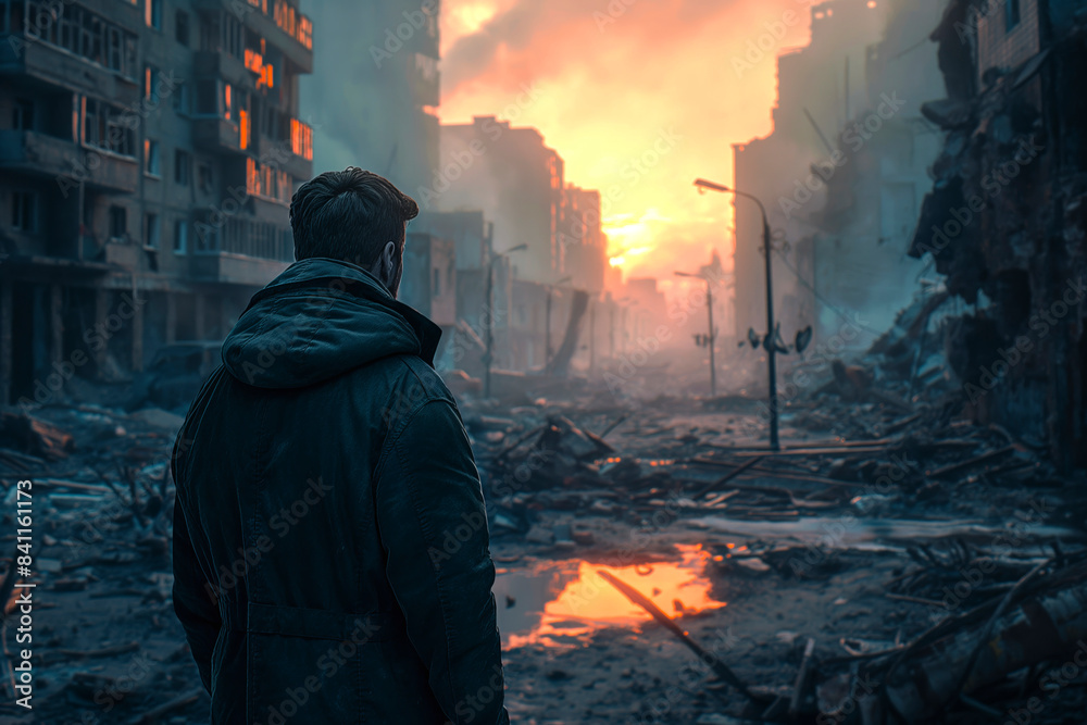 Man in a jacket stands in a city destroyed by war or a disaster at dawn, a view from the back Man in a jacket stands in a city destroyed by war or a disaster at dawn, a view from the back