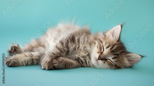 Adorable American Curl Kitten Sleeping on Pastel Blue Background