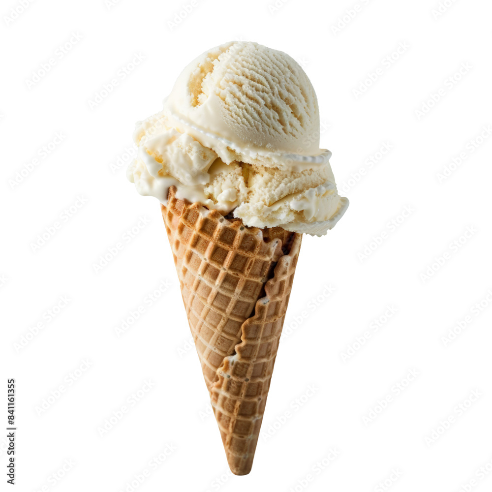 Delicious vanilla ice cream scoop in a waffle cone against a white background, perfect for summer and dessert imagery. Delicious vanilla ice cream scoop in a waffle cone against a white background, perfect for summer and dessert imagery.