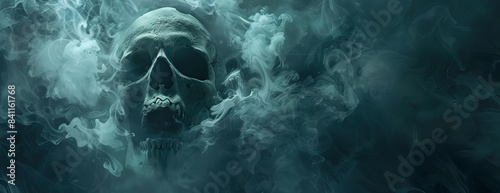 High-angle perspective of a human skull, mouth agape, surrounded by swirling fog and mist, dark and eerie background, detailed illustration with a ghostly ambiance