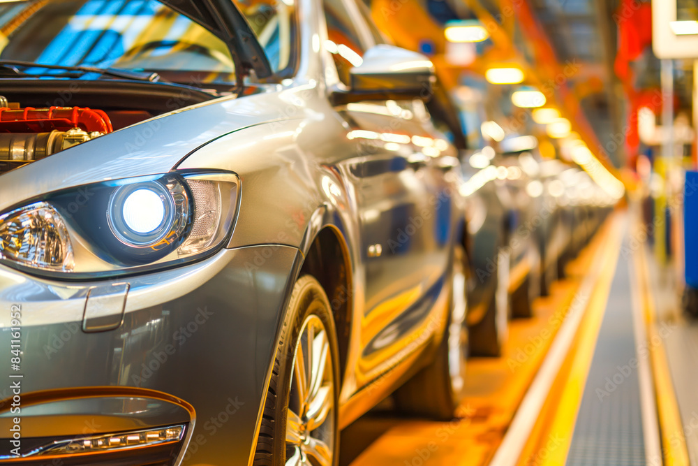 Mass production assembly line of modern cars in a busy factory Mass production assembly line of modern cars in a busy factory