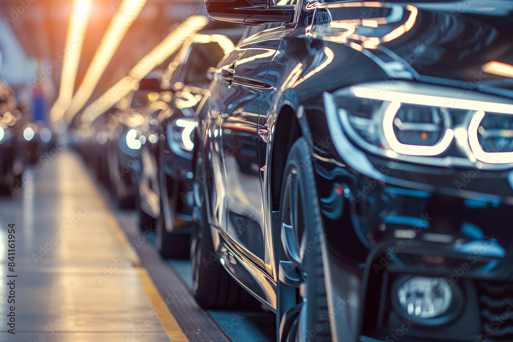 Mass production assembly line of modern cars in a busy factory Mass production assembly line of modern cars in a busy factory