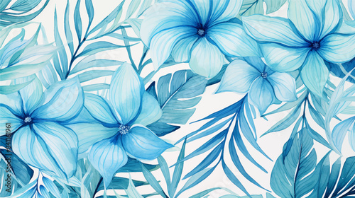 abstract blue leaves and blue tropical flowers seamless pattern leaves in blue and white. Seamless abstract botanical pattern