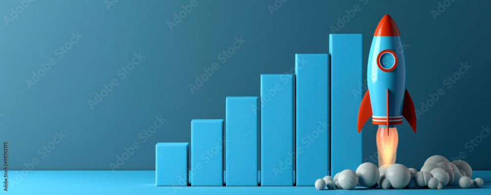 A rocket is flying through a blue background with a series of blue ...