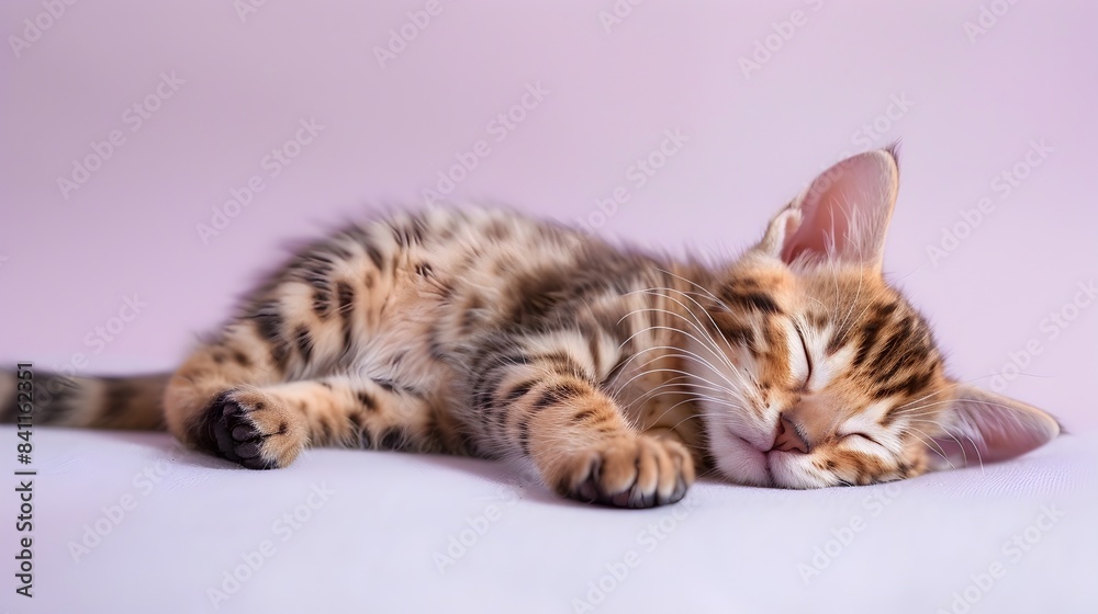 Cute Sleeping Bengal Kitten on Lavender Background Cute Sleeping Bengal Kitten on Lavender Background