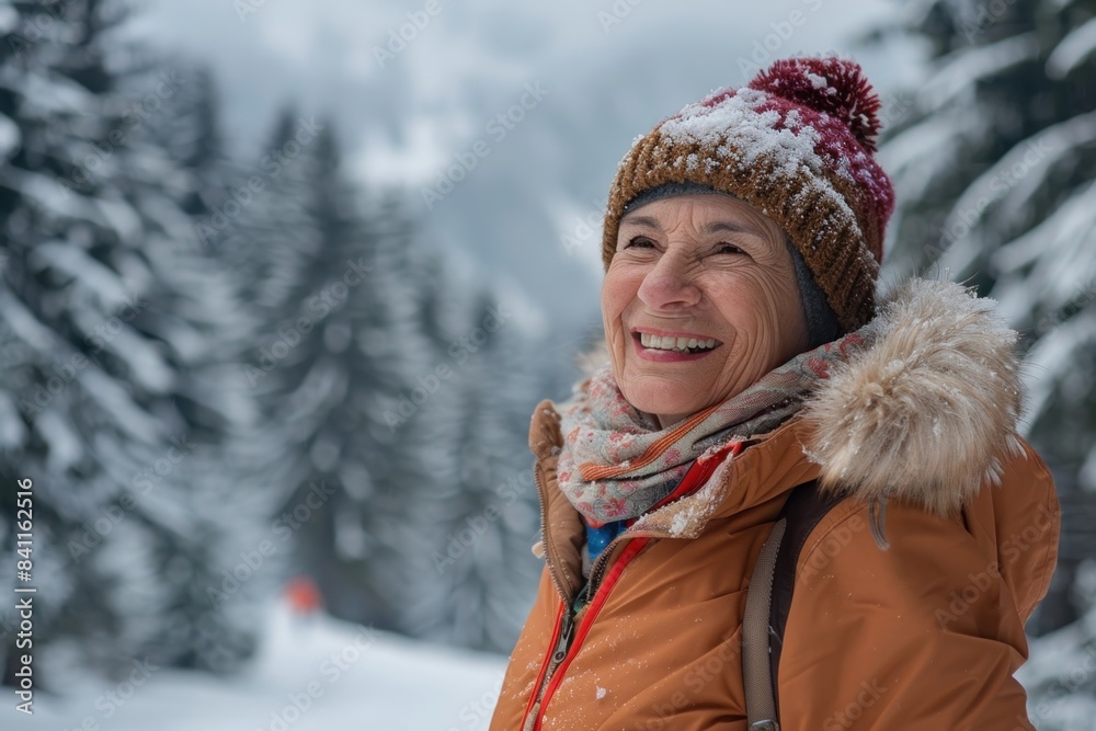 Fototapeta premium Elderly woman happy in snowy forest, wearing fur hat and scarf, smiling at beautiful outdoor scene