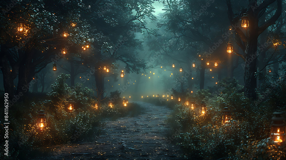  A spooky path through a dark forest, lit by glowing lanterns.
