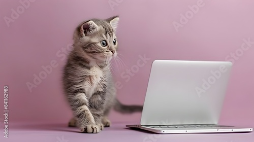 Adorable Scottish Fold Kitten Sitting with Laptop on Pastel Lilac Background