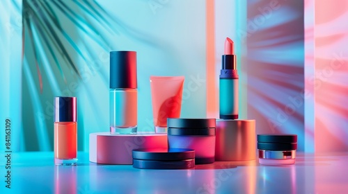 A glamorous array of organic beauty products, including colorful lip balms, bronzers, and highlighters, presented on a sleek surface with studio lighting, isolated background photo