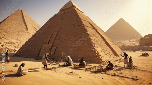 Ancient Egypt: Laborers Constructing Pyramids with Primitive Tools and Ingenuity, Generative AI