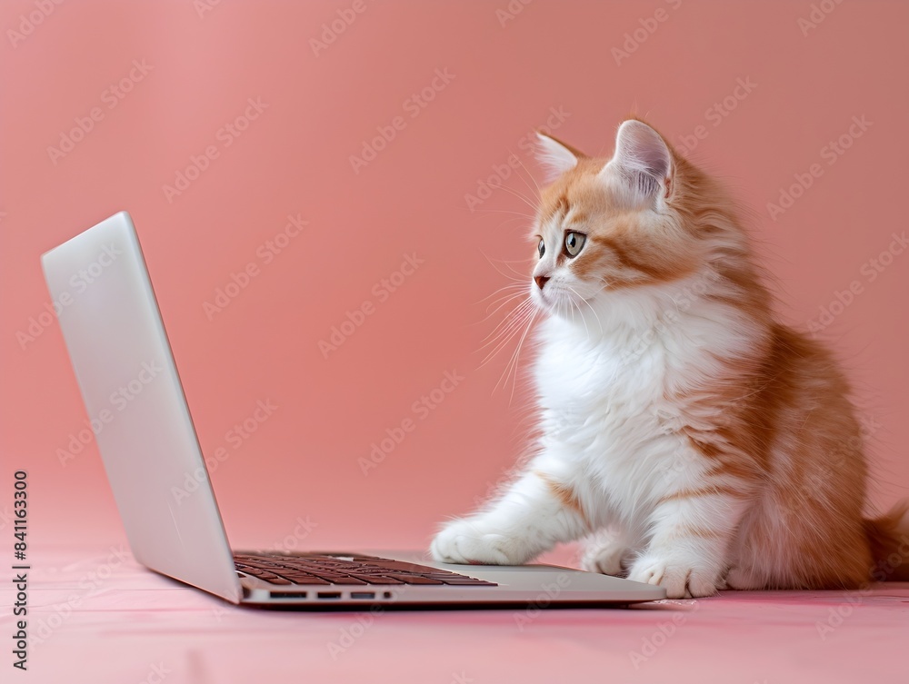 Cute Exotic Shorthair Kitten Working on Laptop in Pastel Pink Studio Cute Exotic Shorthair Kitten Working on Laptop in Pastel Pink Studio
