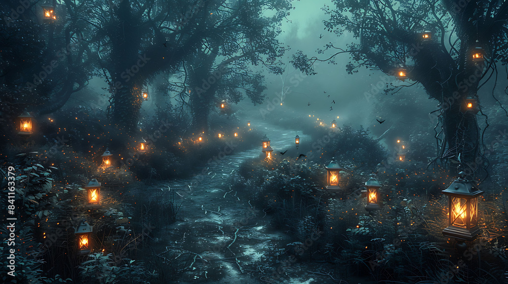 Obraz premium A spooky path through a dark forest, lit by glowing lanterns.