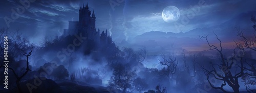 High-angle view of a mysterious medieval castle, shrouded in eerie fog, illuminated by a dark moon background, Halloween theme, CG 3D render, photorealistic details, atmospheric lighting photo