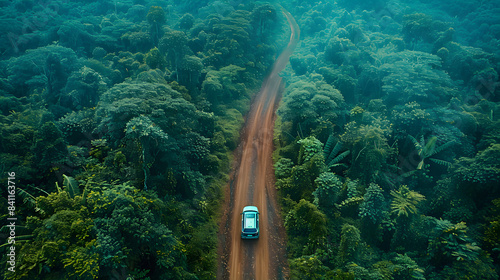 Fototapeta Naklejka Na Ścianę i Meble -  Adventure morning road trip in the forest, aerial view of a car on deep jungle road. On The Road Again concept