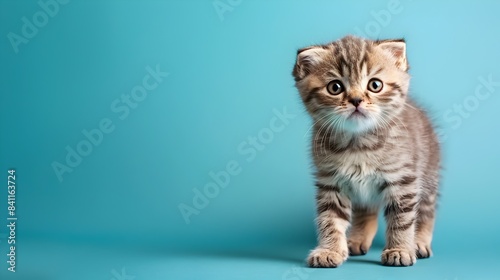 Adorable Scottish Fold Kitten Posing on Pastel Blue Clean Background