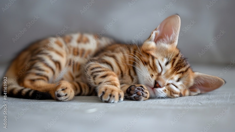 Cozy Bengal Kitten Sleeping on Soft Pastel Gray Background Cozy Bengal Kitten Sleeping on Soft Pastel Gray Background
