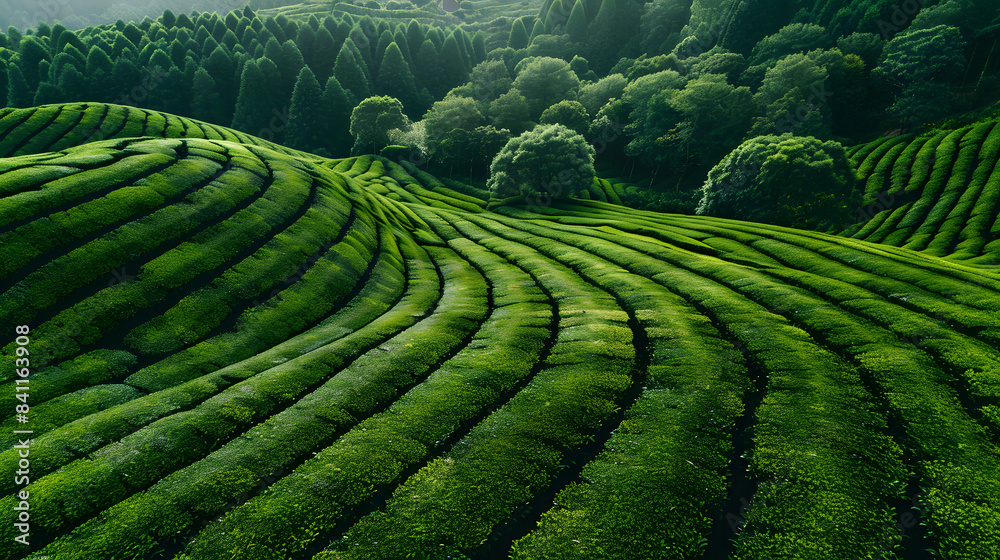 Aerial drone view of shapes of Cha Gorreana tea plantation at Sao Miguel, Azores, Portugal Aerial drone view of shapes of Cha Gorreana tea plantation at Sao Miguel, Azores, Portugal