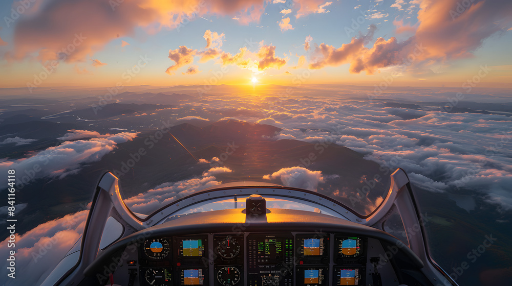 Φωτογραφία Aerial sunset view over the Blue Ridge Mountains from the cockpit of a private aircraft