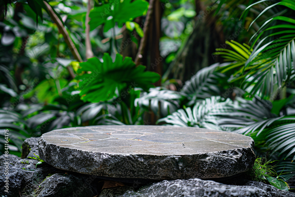 Round stone podium in tropical jungle for product presentation mockup Round stone podium in tropical jungle for product presentation mockup