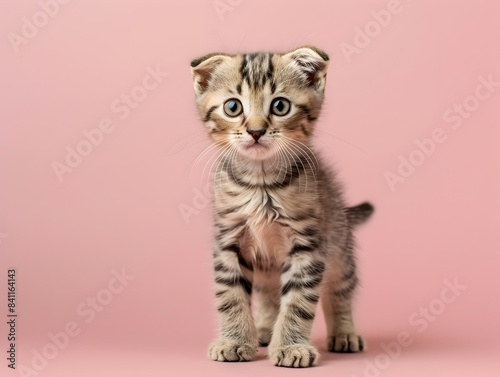 Cute American Curl Kitten Posing on Clean Pink Background