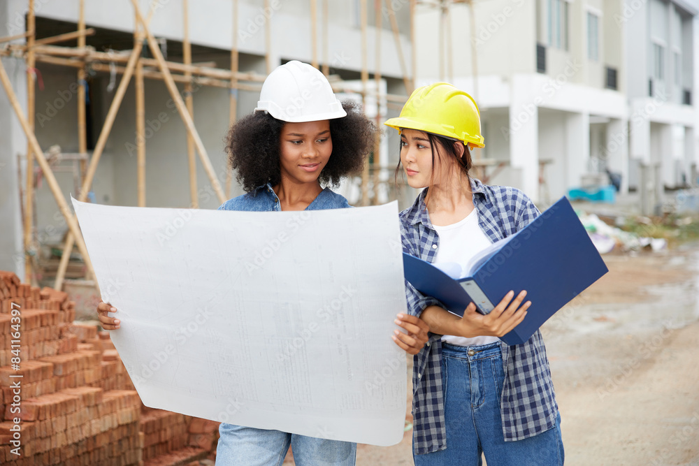 workers or architect holding plan blueprint paper at construction site workers or architect holding plan blueprint paper at construction site